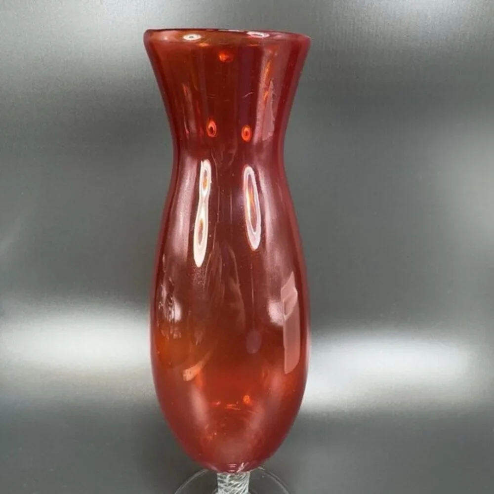 Vintage 1980s Japanese Art Glass Vase Vessel Orange With Clear Swirl Stem Bottom